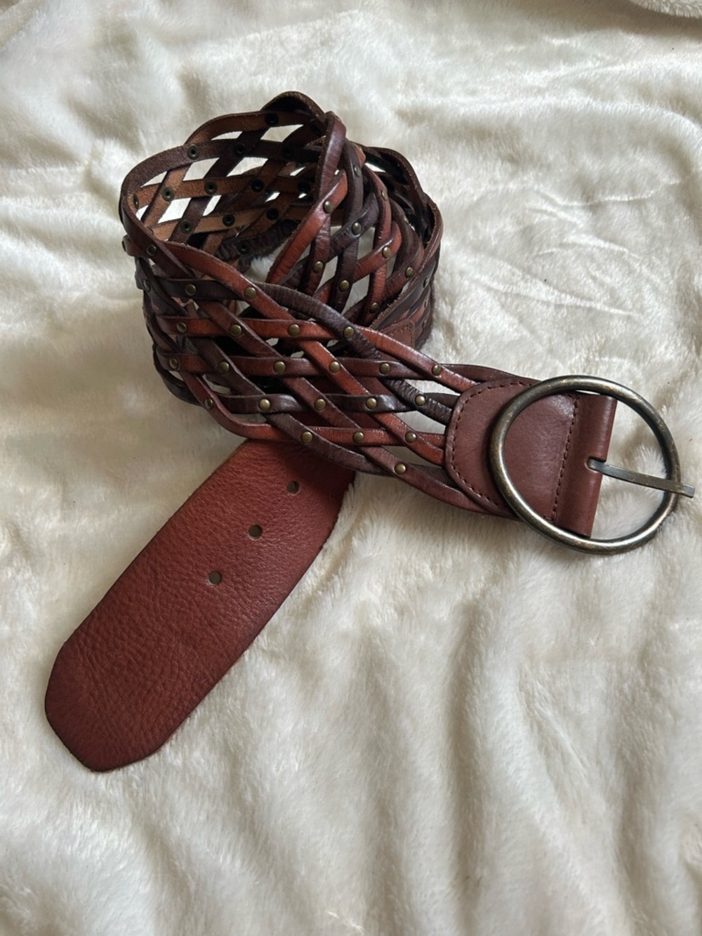 Fossil studded braided leather brown wide waist belt womens M rustic
